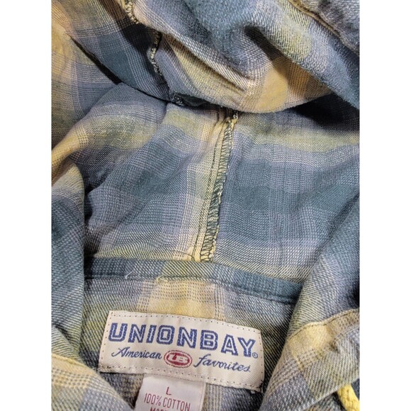 Vintage Union Bay Hoodie Mens L Blue Yellow Plaid Distressed Bleached Grunge Y2K - Picture 3 of 15